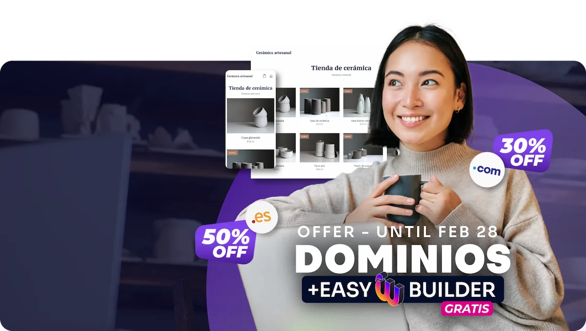 Promo Dominios .com and .es - Mujer con tienda online de cerámica