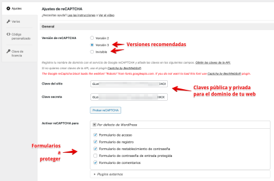 Ajustes de reCAPTCHA