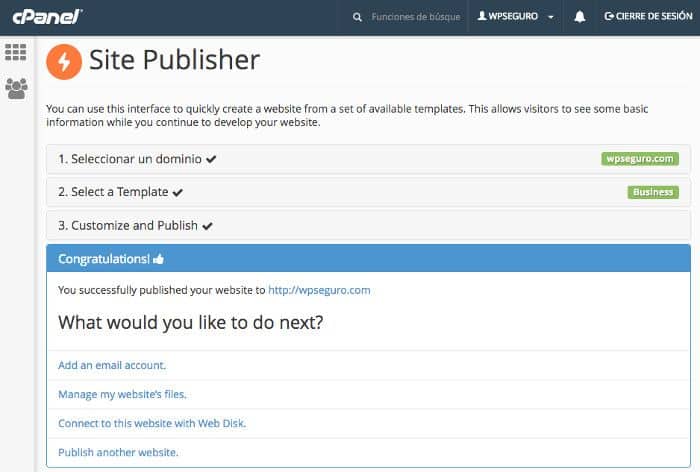 Creación de un sitio rápido con Site Publisher en cPanel