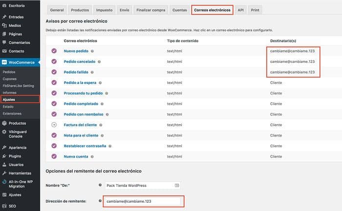 Configuración de correos en WooCommerce