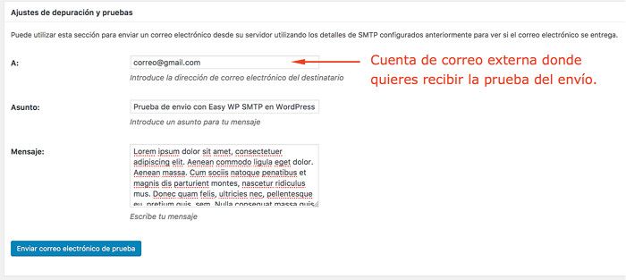 Prueba de envío de correo por SMTP