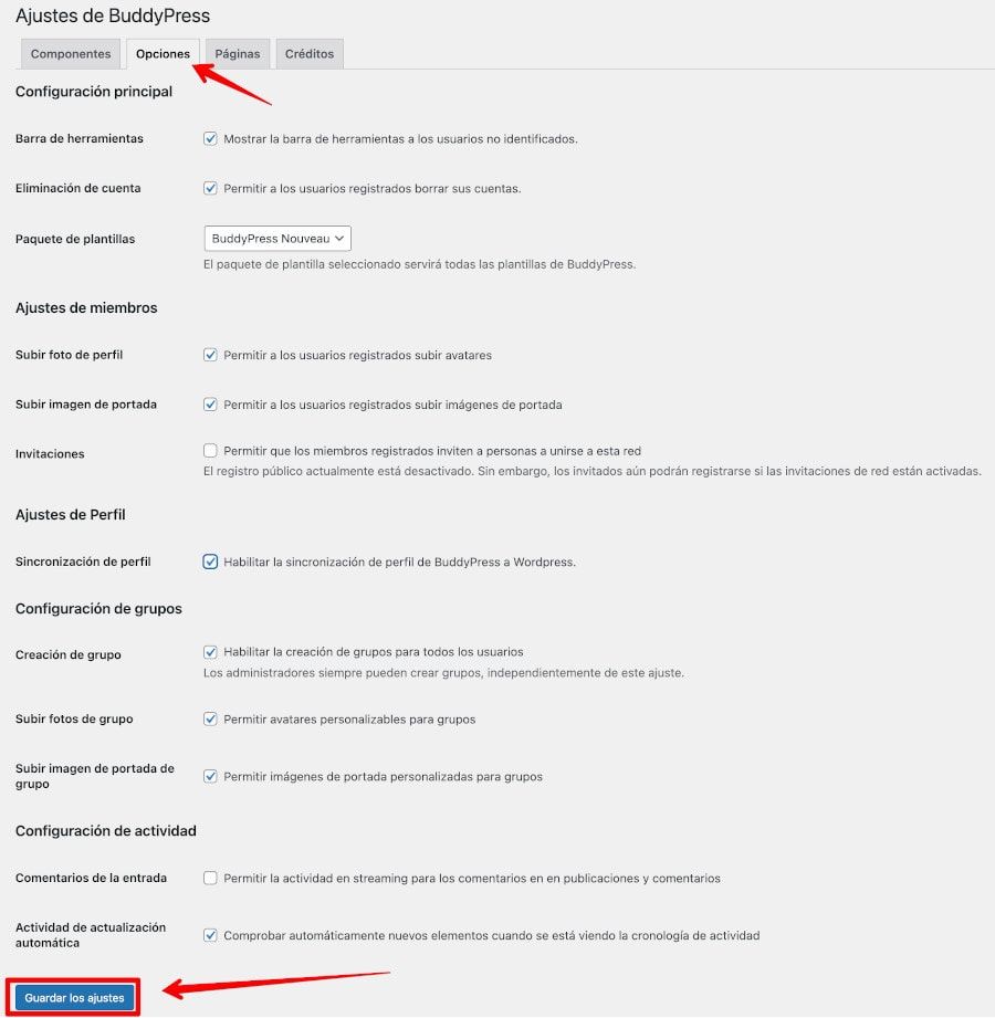 Opciones Ajustes BuddyPress