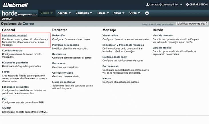 Opciones correo Horde