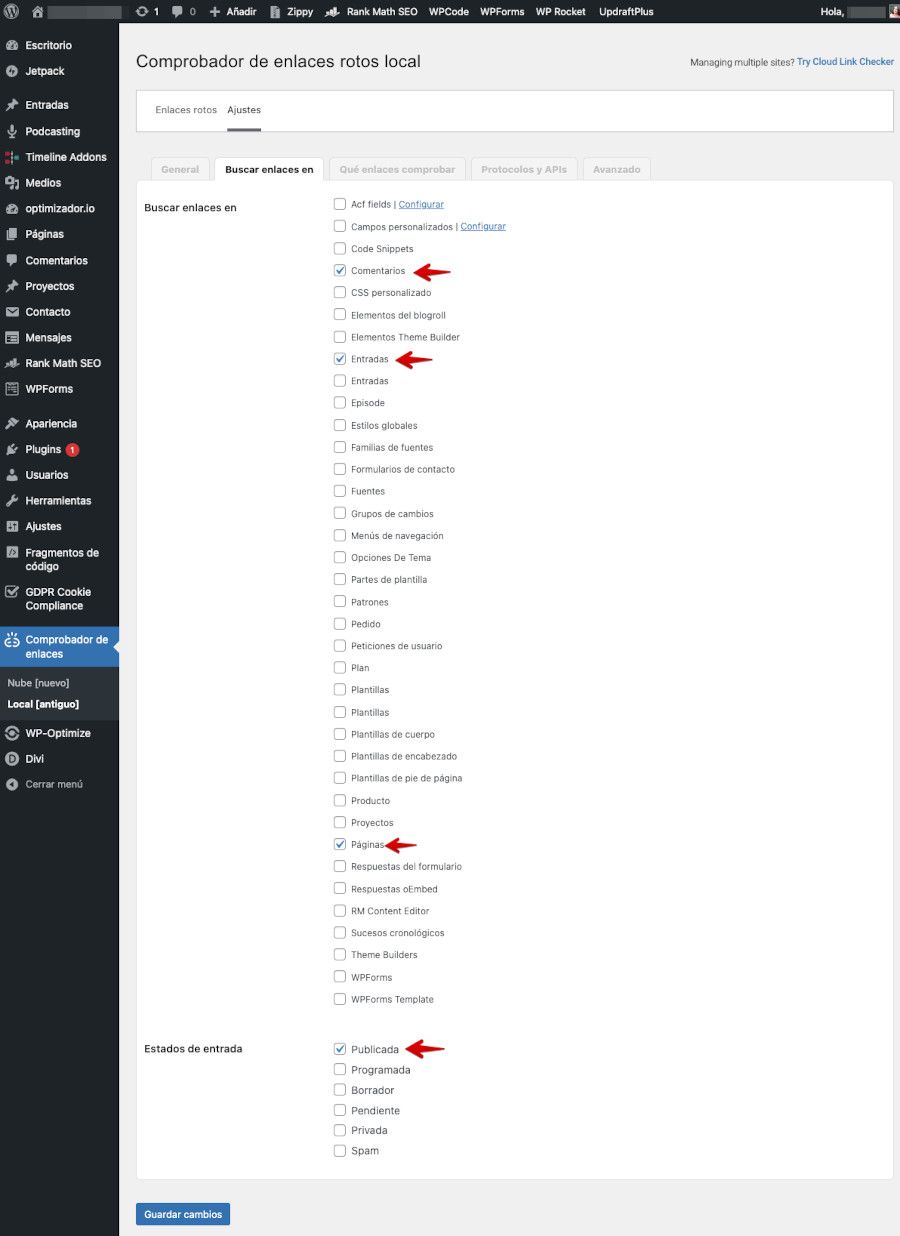 Ajustes de Broken Link Checker - Buscar enlaces en