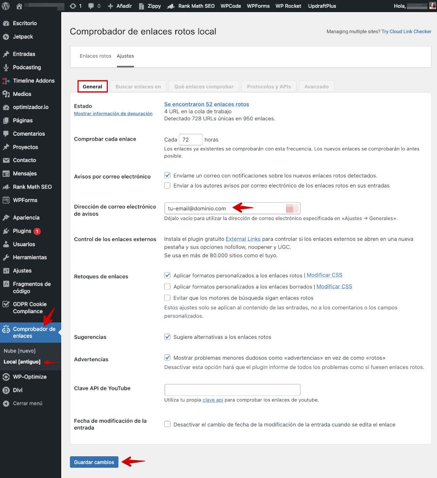 Ajustes de Broken Link Checker - General