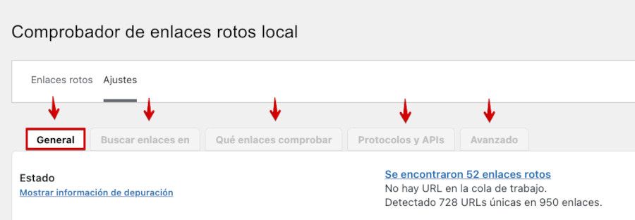 Pestañas de ajustes de Broken Link Checker