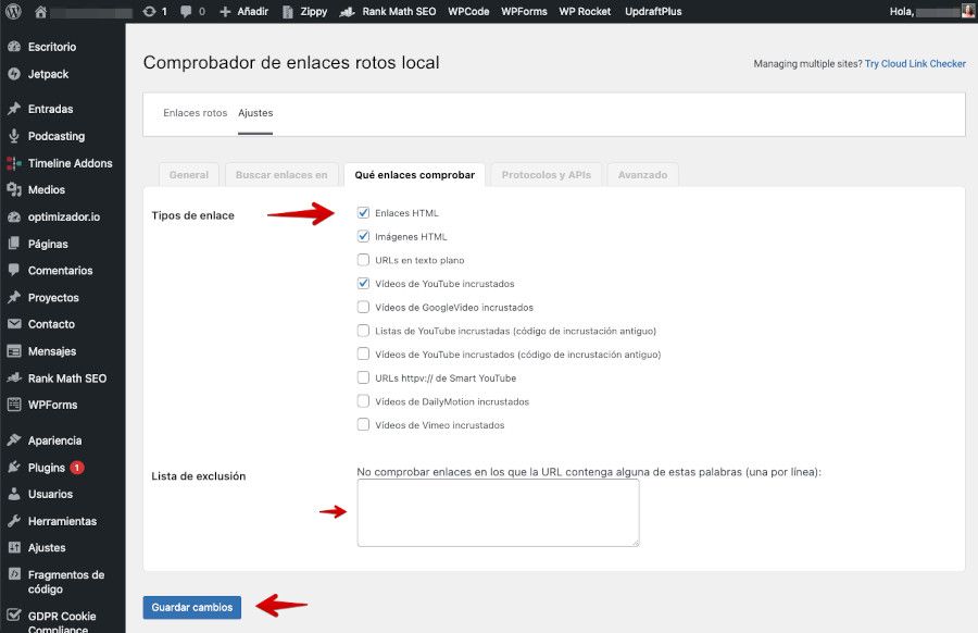 Ajustes de Broken Link Checker - Qué enlaces comprobar