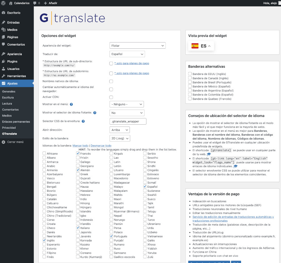 Ajustes del plugin Translate WordPress with GTranslate