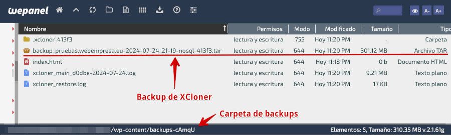 Backup con XCloner en WordPress - Carpeta de backups