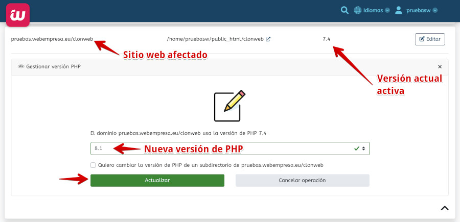 Cambiar de PHP 7.4 a 8.1 en un sitio WordPress desde WePanel