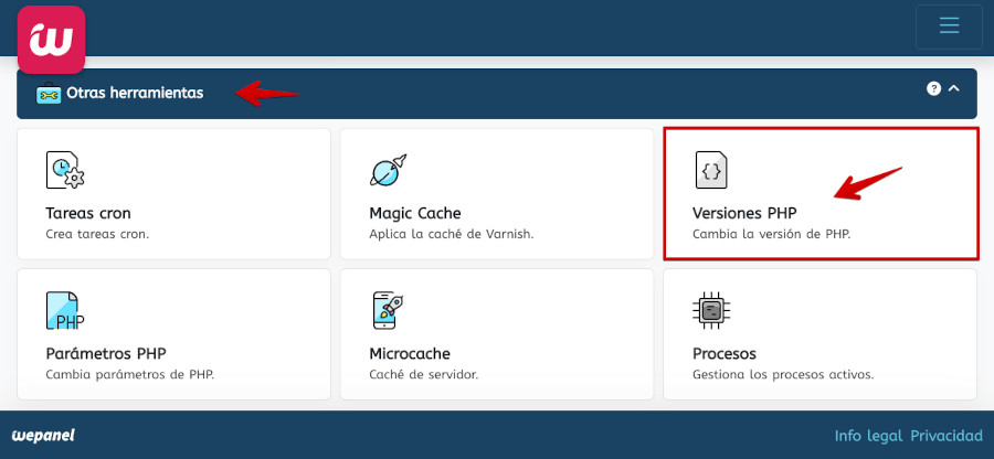 Cambiar versión de PHP desde WePanel