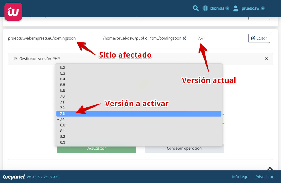 Cambio de versión de PHP 7.3 en WePanel