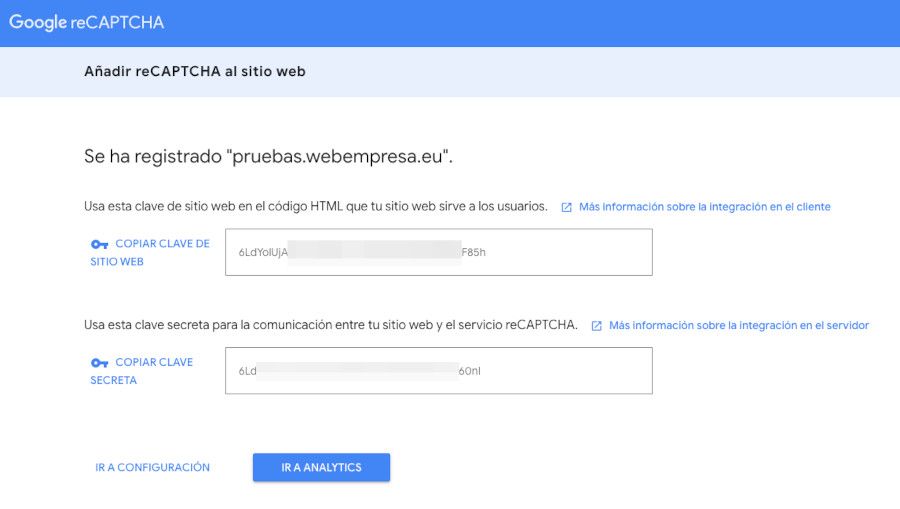 Claves pública y privada de reCAPTCHA