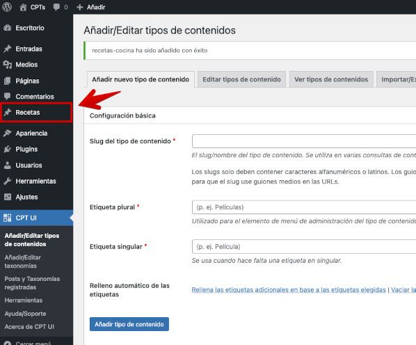 Item Recetas en el dashboard