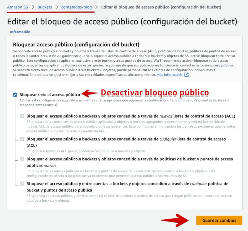 Desbloquear acceso público del bucket - AWS