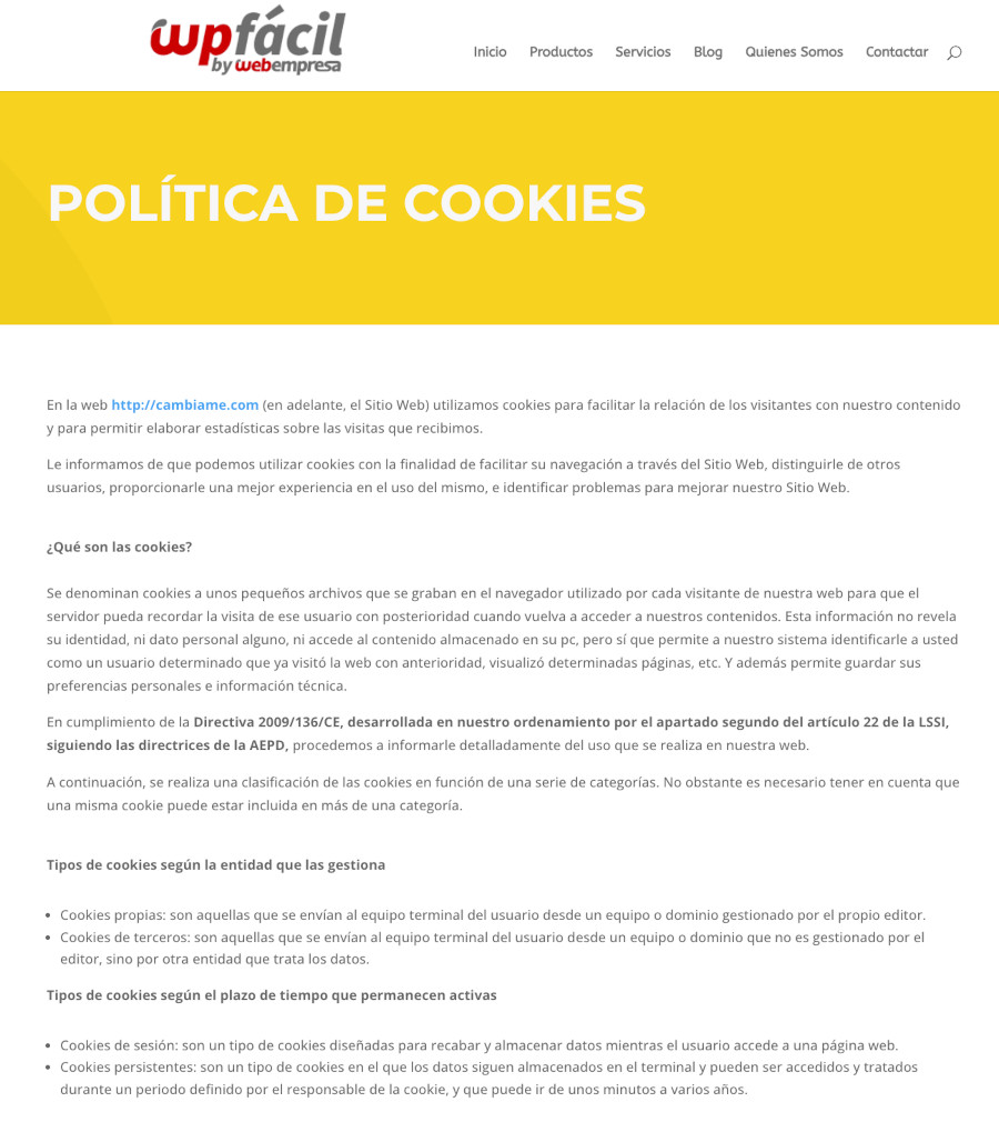 Ejemplo de página de Política de Cookies
