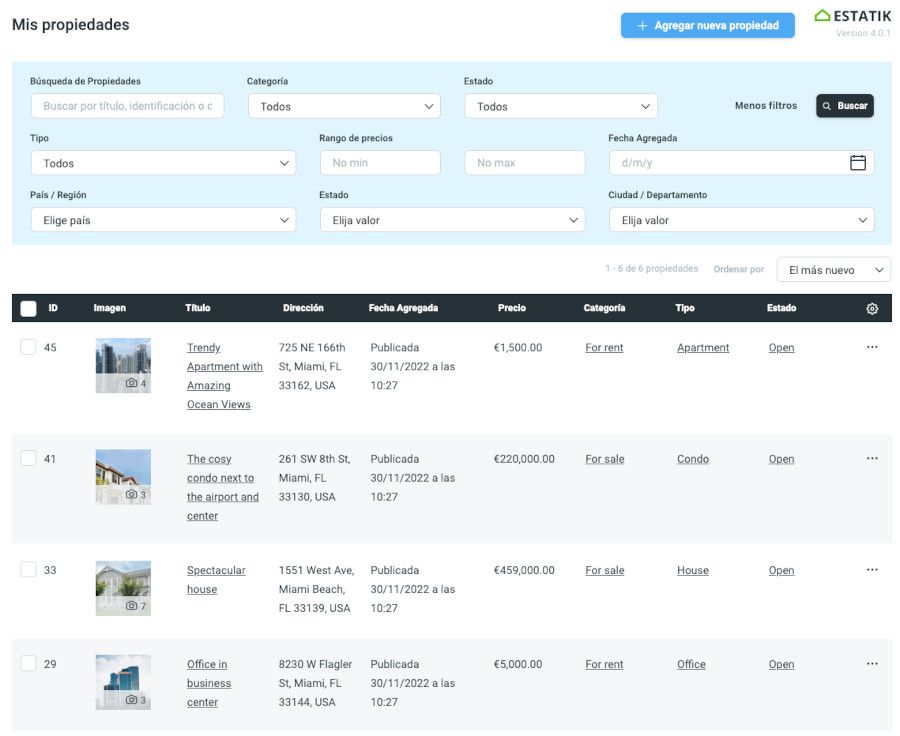 Listado de ejemplo de propiedades horizontales del plugin Estatik Real Estate