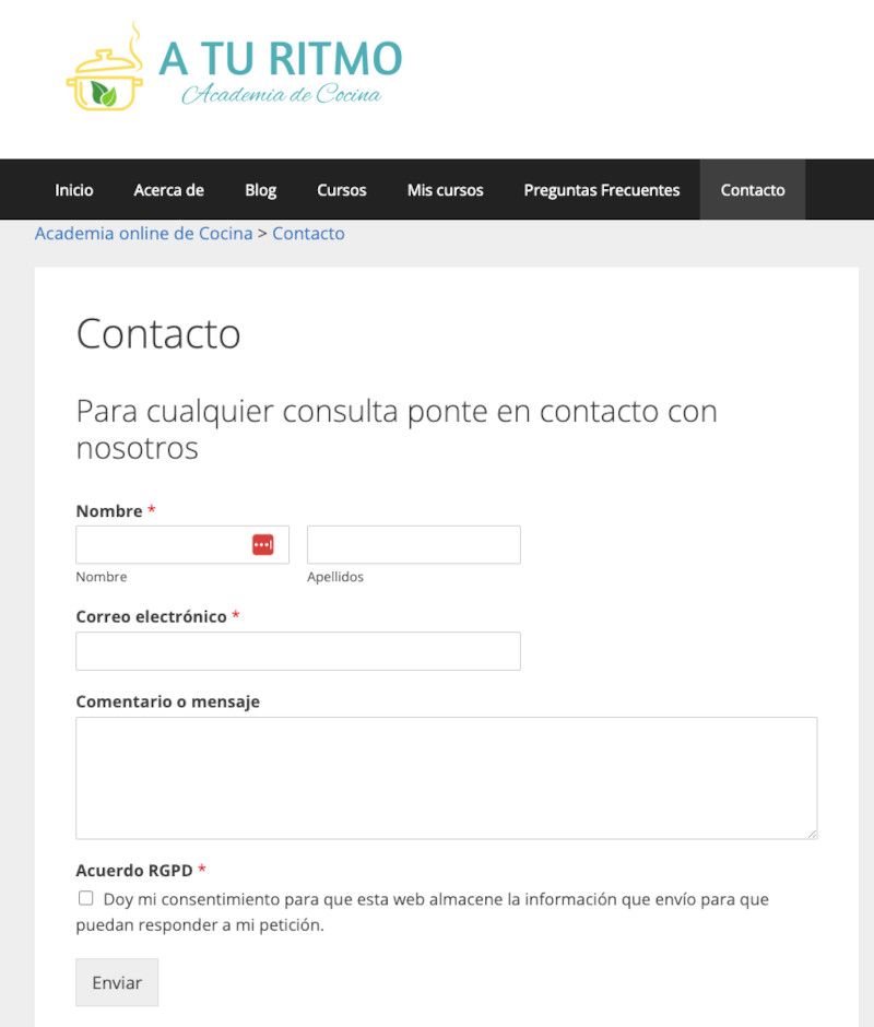 Vista frontal del formulario de contacto