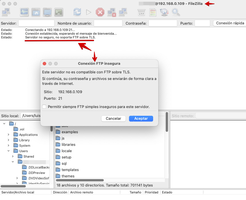 Conexión a FTP sin TLS con Filezilla