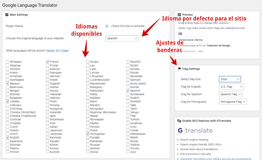 Widget flotante del plugin Translate WordPress – Google Language Translator