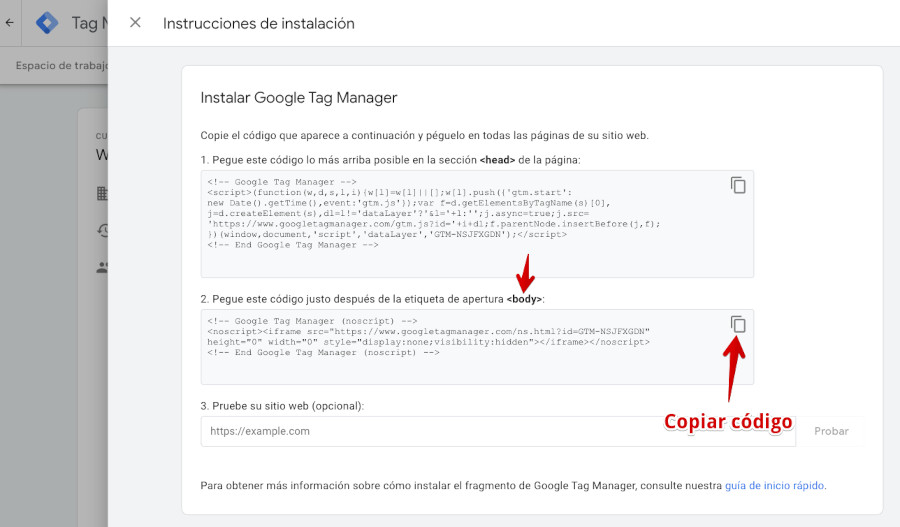 Google Tag Manager - Copiar código para body