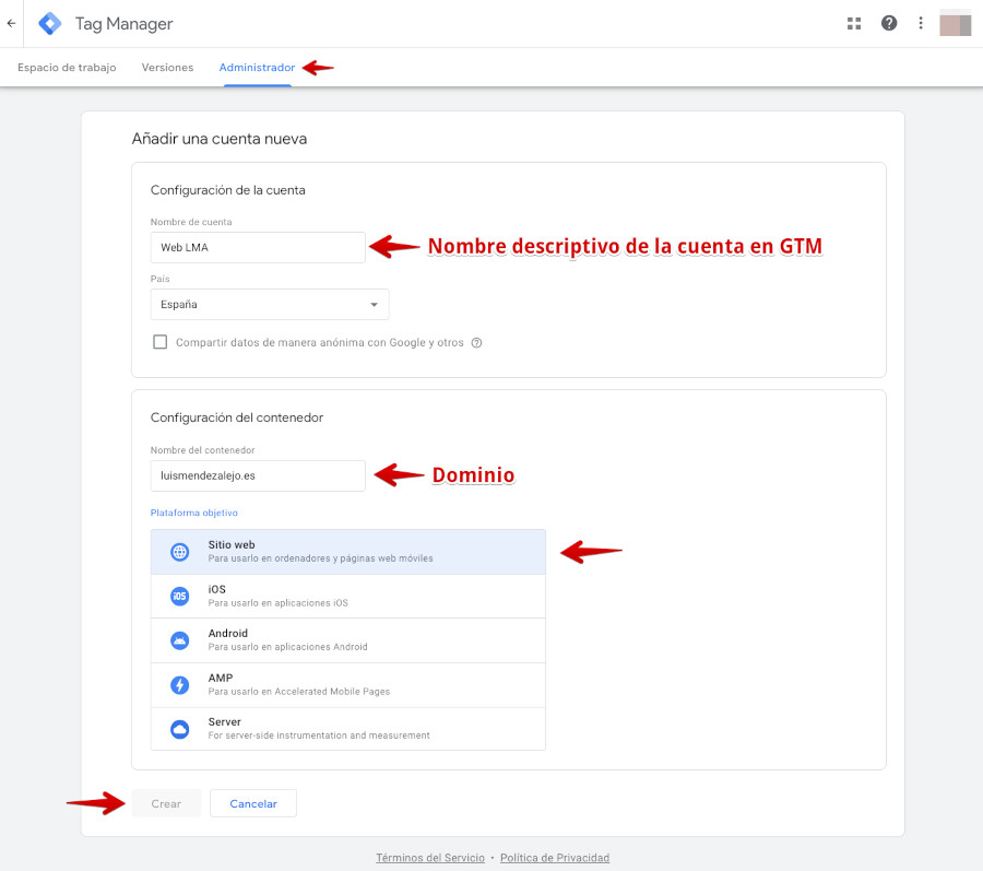 Google Tag Manager - Crear cuenta - Datos de alta