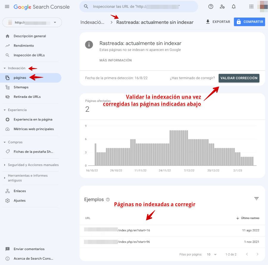 Google Search Console - Páginas no indexadas