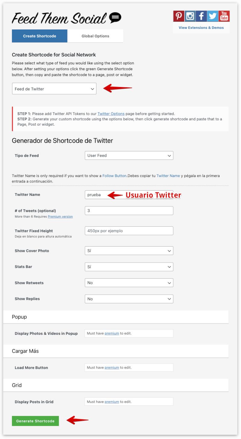 Ajustes del plugin Feed Them Social para Twitter