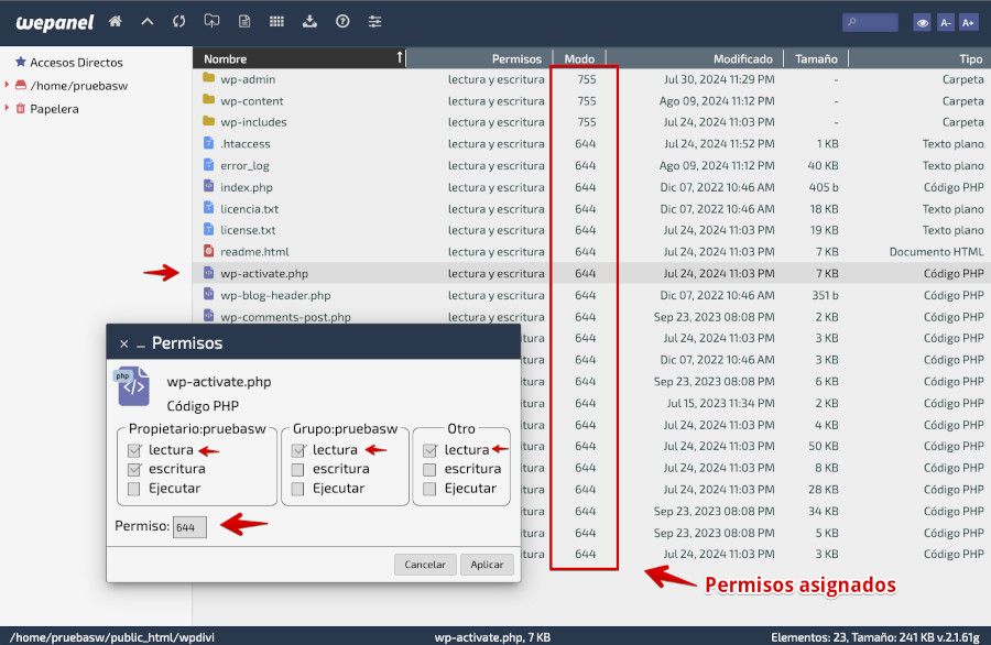 WePanel - Permisos de archivos y carpetas