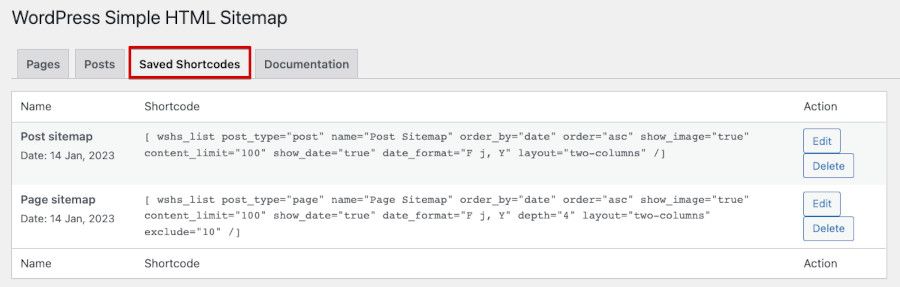 Shortcodes guardados de Entradas y Páginas para mapa del sitio HTML