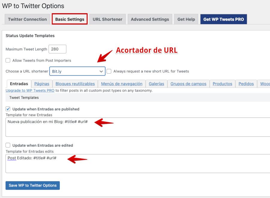 Opciones basicas de configuración de WP to Twitter