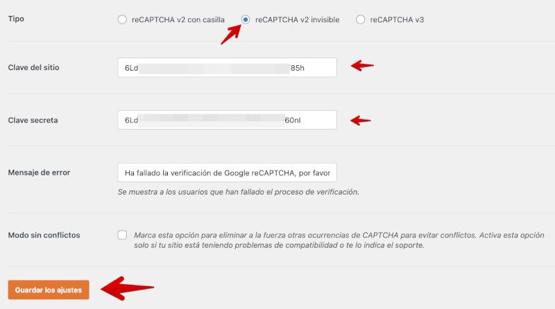 Configurar claves reCAPTCHA v2 en WPForms