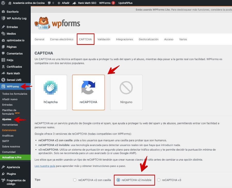 Activar reCAPTCHA v2 invisible en WPForms