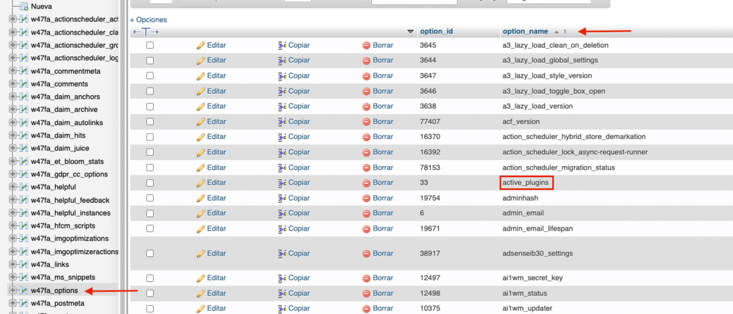 desactivar plugin mediante phpmyadmin