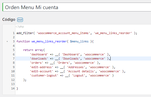 codigo cambiar orden mi cuenta