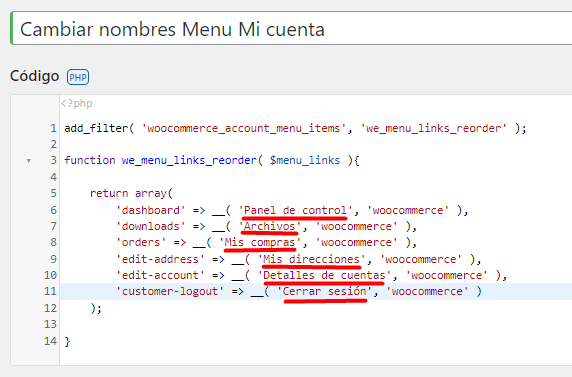 codigo nombres opciones mi cuenta