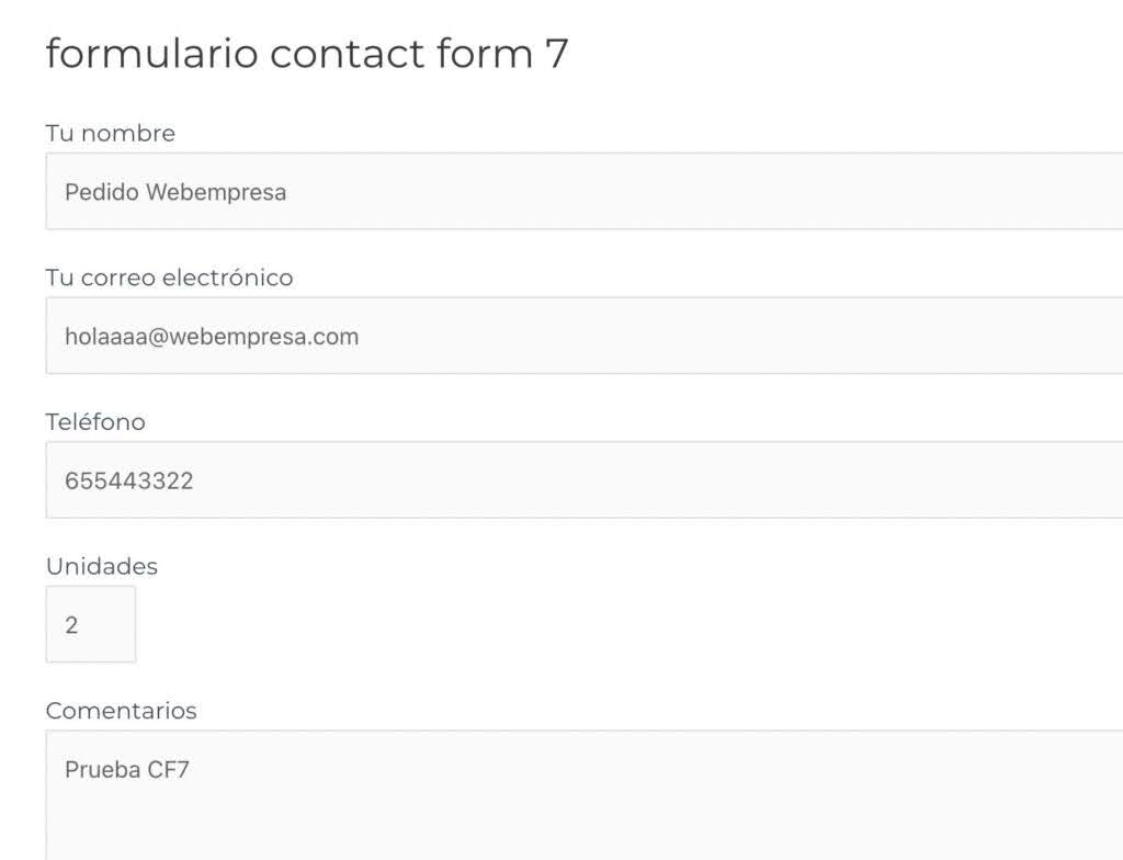 Formulario de pedido de ejemplo en plugin Contact Form 7