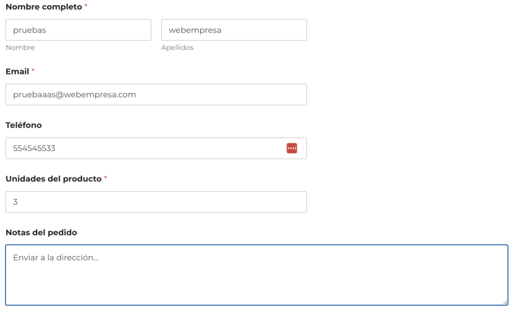 Formulario de ejemplo de pedido en WooCommerce