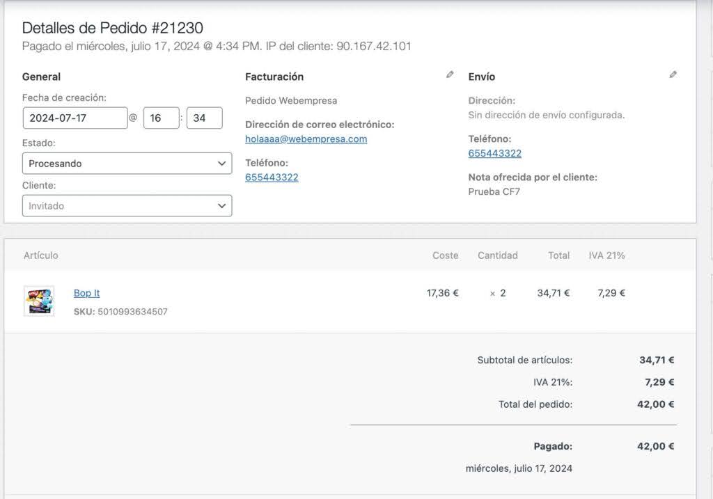 Pedido creado a través de formulario del plugin contact form 7