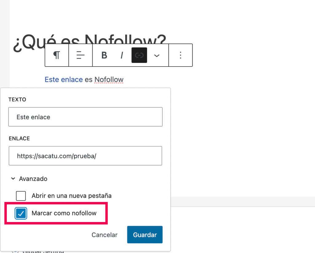 Marcar como nofollow un enlace en Gutenberg de WordPress