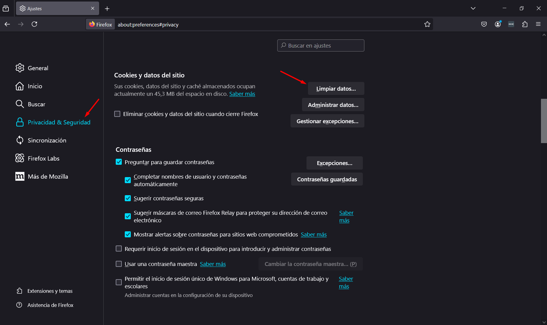 firefox Cookies y datos del sitio