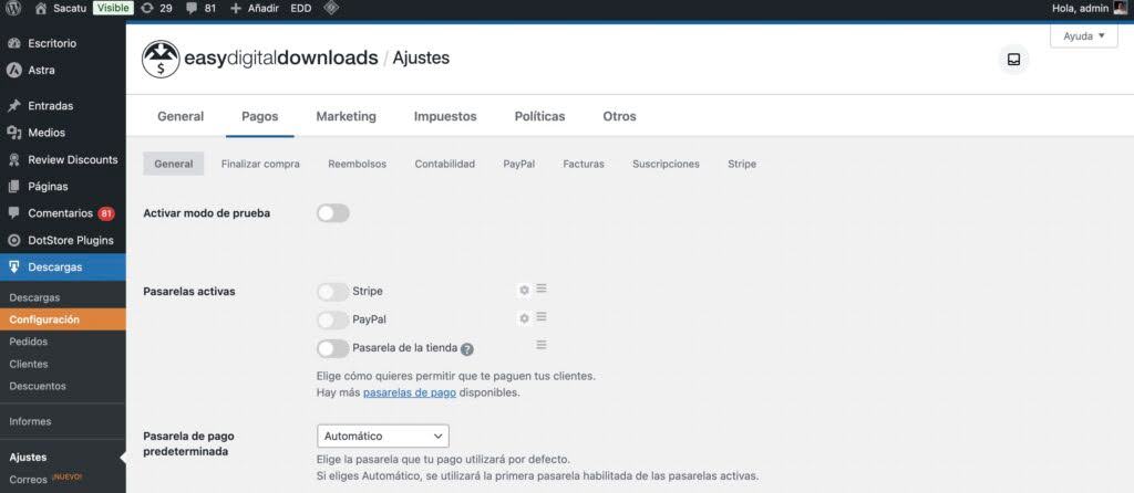 Ajustes - Pagos - Plugin Easy Digital Downloads