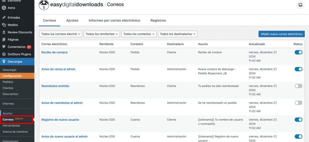 Ajustes - Correos - Plugin Easy Digital Downloads