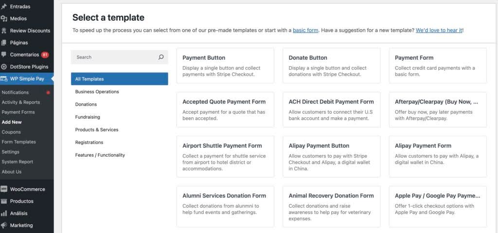 Elegir plantilla para formularios del plugin WP Simple Pay