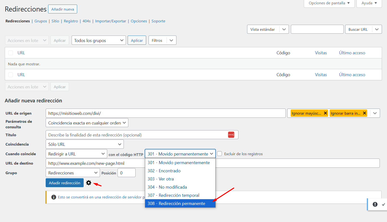 configurar redireccion 308 wp