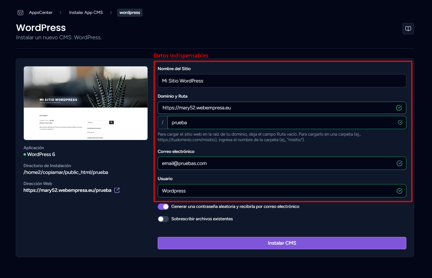 Datos de la instalación de WordPress desde Aplicaciones Webempresa en WePanel