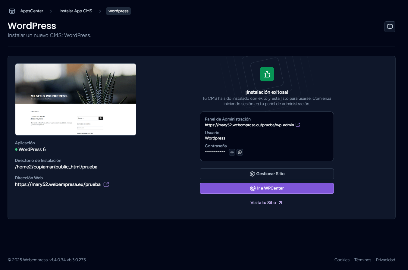 Resumen de la instalación de WordPress desde Aplicaciones Webempresa en WePanel